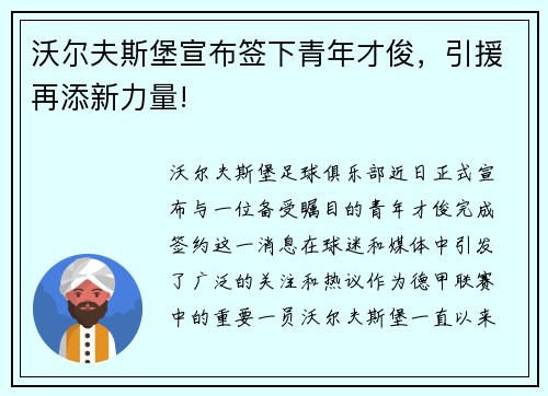 沃尔夫斯堡宣布签下青年才俊，引援再添新力量!