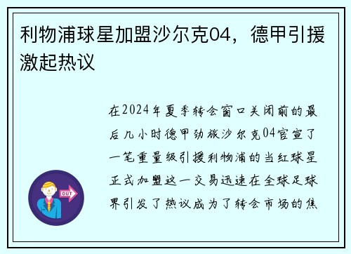 利物浦球星加盟沙尔克04，德甲引援激起热议