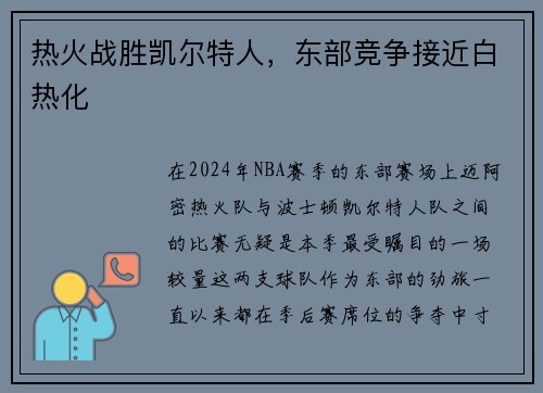 热火战胜凯尔特人，东部竞争接近白热化