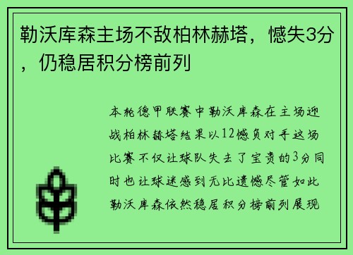 勒沃库森主场不敌柏林赫塔，憾失3分，仍稳居积分榜前列