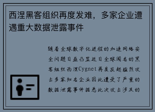 西涅黑客组织再度发难，多家企业遭遇重大数据泄露事件