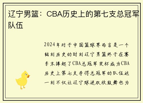 辽宁男篮：CBA历史上的第七支总冠军队伍